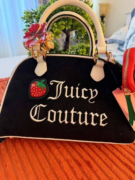 Juicy Couture Black Satchel with White Trim & Strawberry Charm - Picture 8 of 16